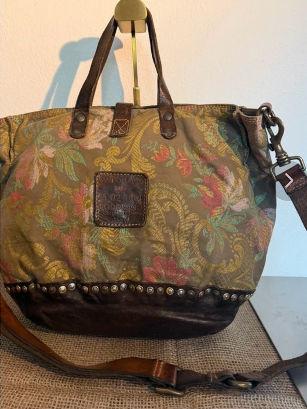 Brocade and leather Studded Tote by Campomaggi ,vintage hardly used, Bohemian